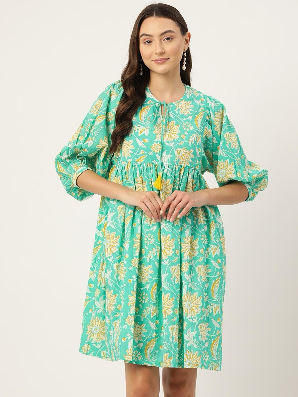 Jaipur Morni Floral Print Tie-Up Neck Puff Sleeves Pure Cotton A-Line Dress - Picture 1 of 9